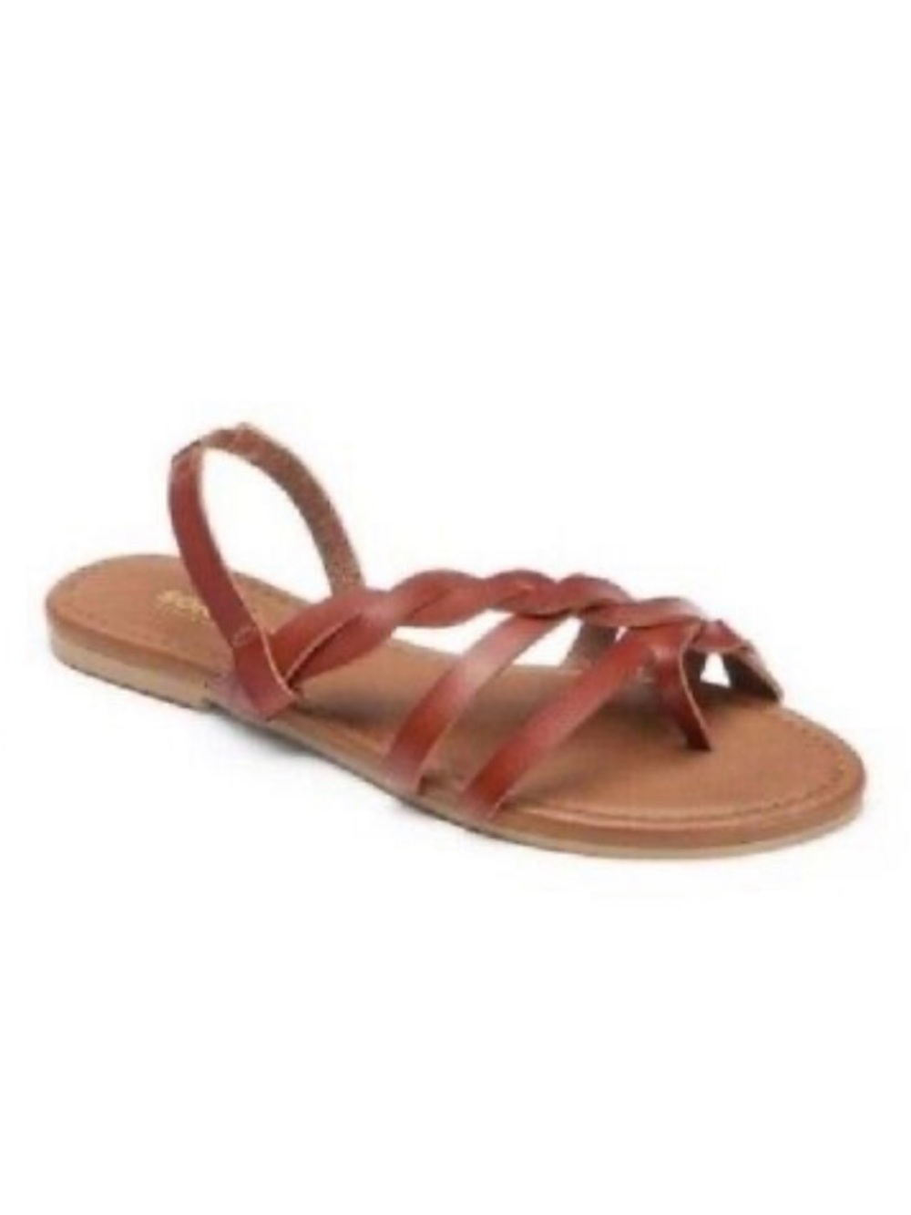 NWOT Sonoma Flat Sandals w/Braided Toe-Loop in Cognac Brown Vegan Faux Leather.